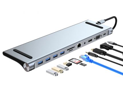 FAST ASIA USB Hub Adapter TIP-C HUB na 4xUSB +SD/micro+RJ45+HDMI+ VGA+ PD+ Audio